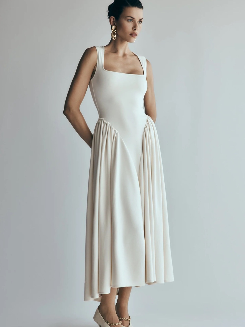 Elegant Ivory Square-Neck Midi Dress